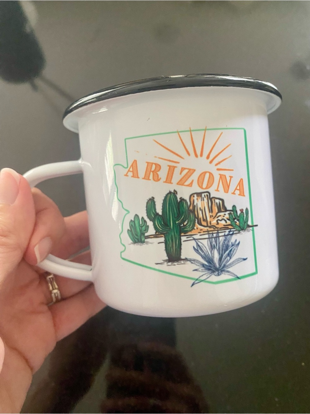 Arizona White Enamel Camp Mug with Desert Graphic